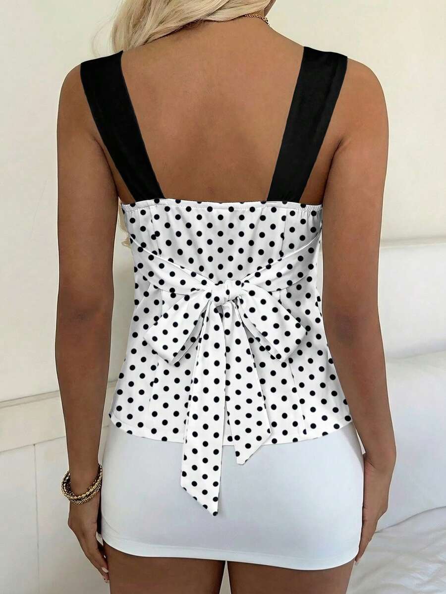 Women's multicolor shiny satin geometric splice camisole with square neckline, wide straps, studded details, slim fit, and open back tie design