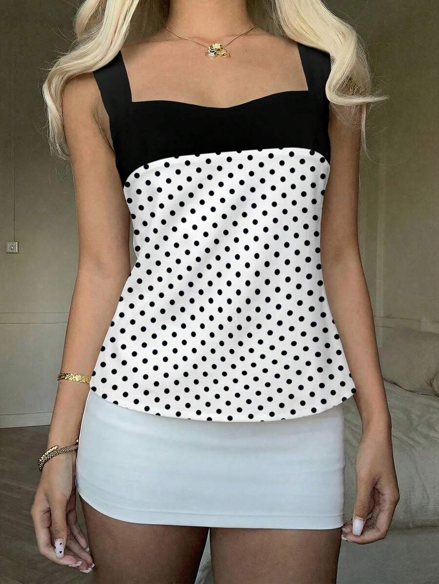 Women's multicolor shiny satin geometric splice camisole with square neckline, wide straps, studded details, slim fit, and open back tie design