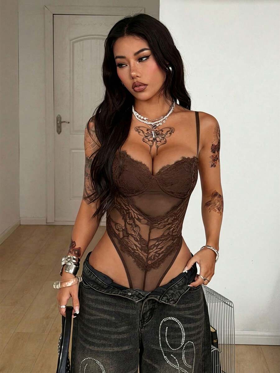 Fitted women's lace and mesh cami bodysuit with spaghetti straps.