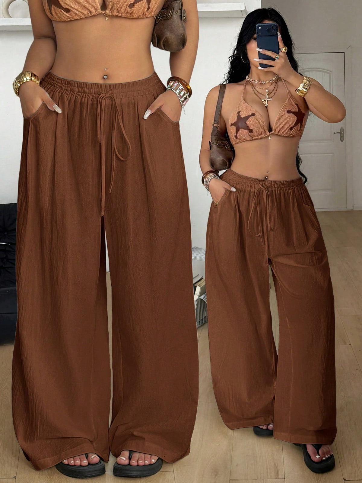 Women's loose straight leg cotton pants featuring a high waist with an adjustable drawstring knot and functional side pockets.