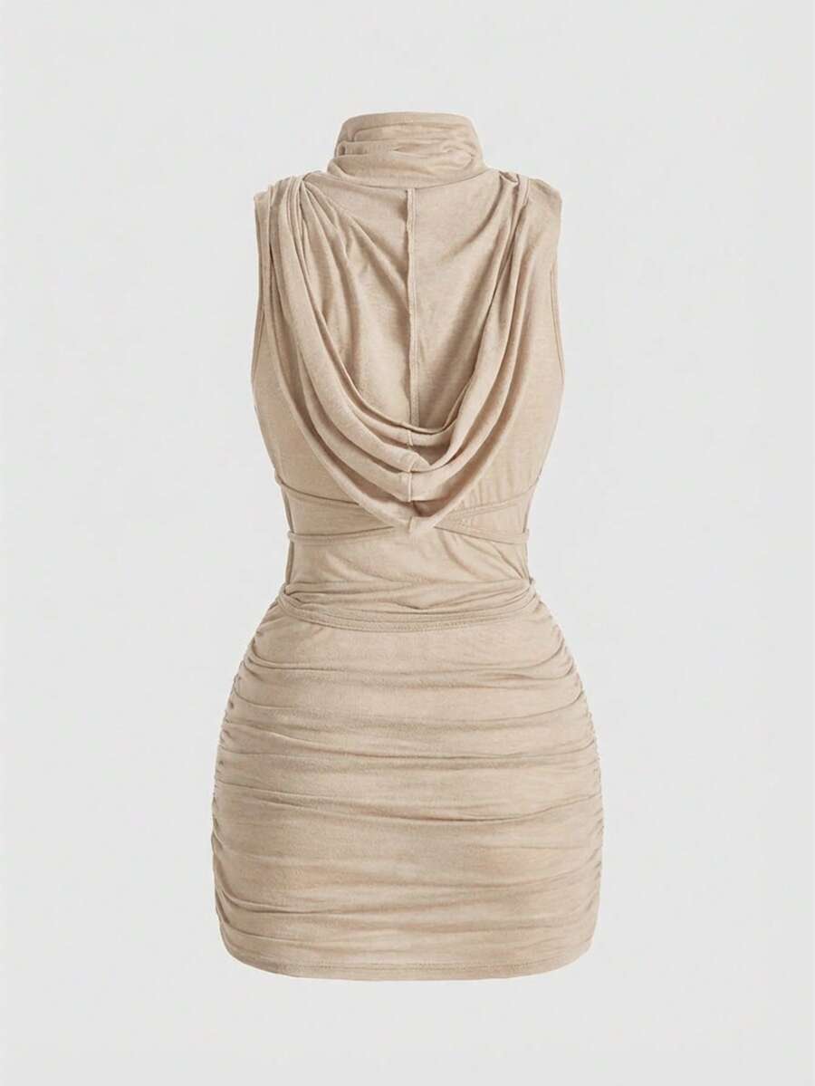 Front view of a sleeveless hooded cowl neck bodycon mini dress with draped collar detailing in knitted fabric.