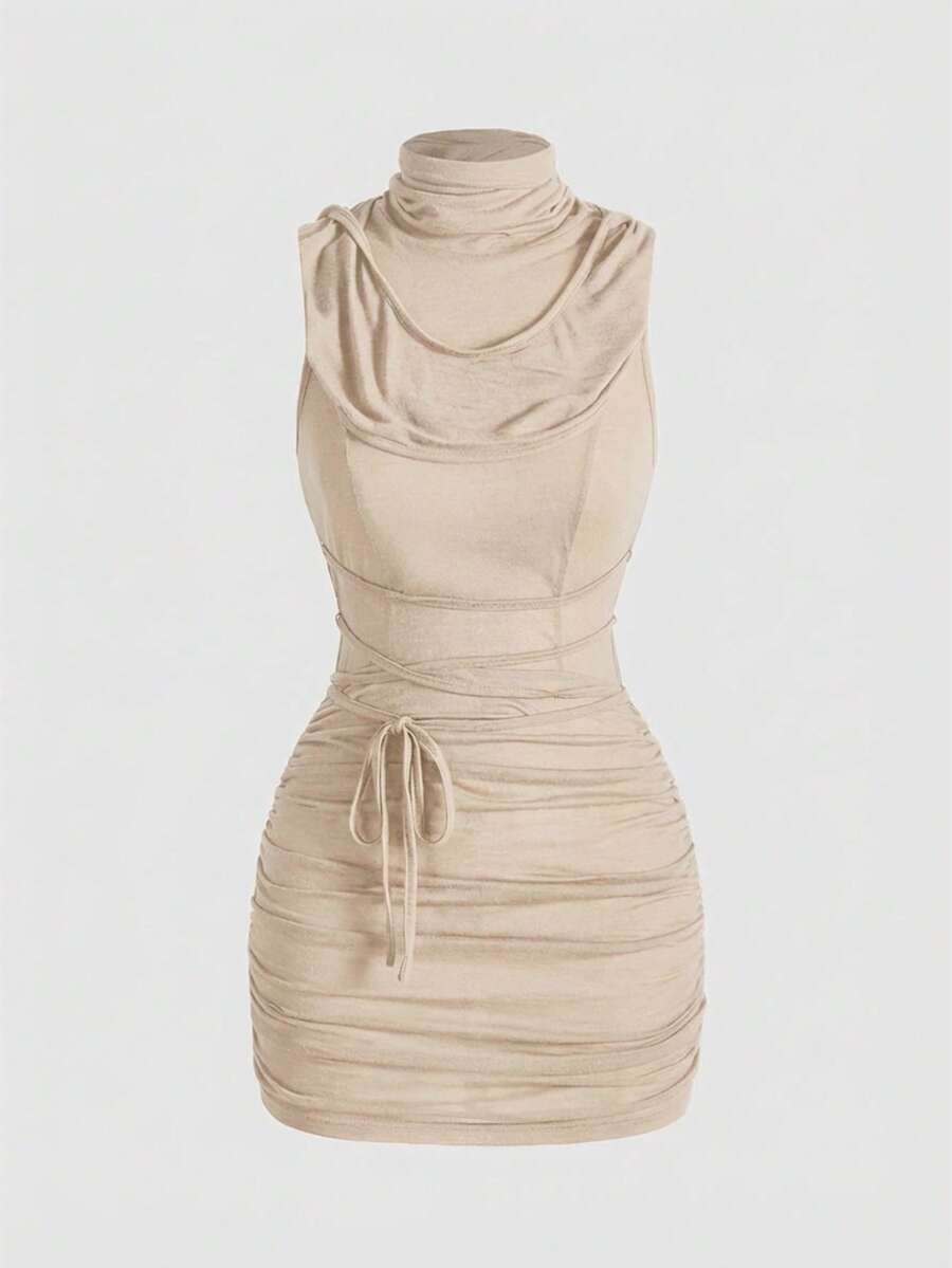 Front view of a sleeveless hooded cowl neck bodycon mini dress with draped collar detailing in knitted fabric.