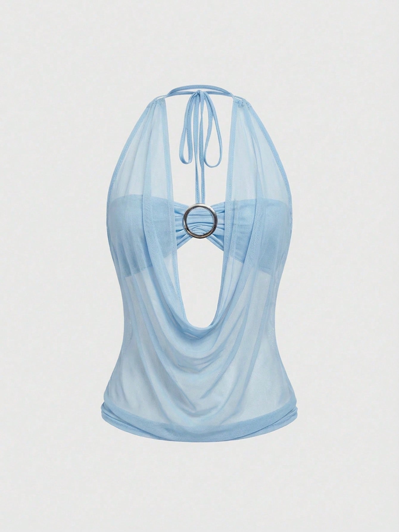 Women's Y2K retro crop tank top with draped halter neckline, cut-out detail, slim fit, and backless design