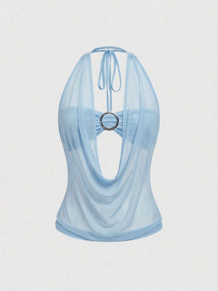 Women's Y2K retro crop tank top with draped halter neckline, cut-out detail, slim fit, and backless design