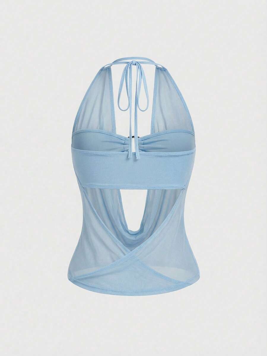 Women's Y2K retro crop tank top with draped halter neckline, cut-out detail, slim fit, and backless design