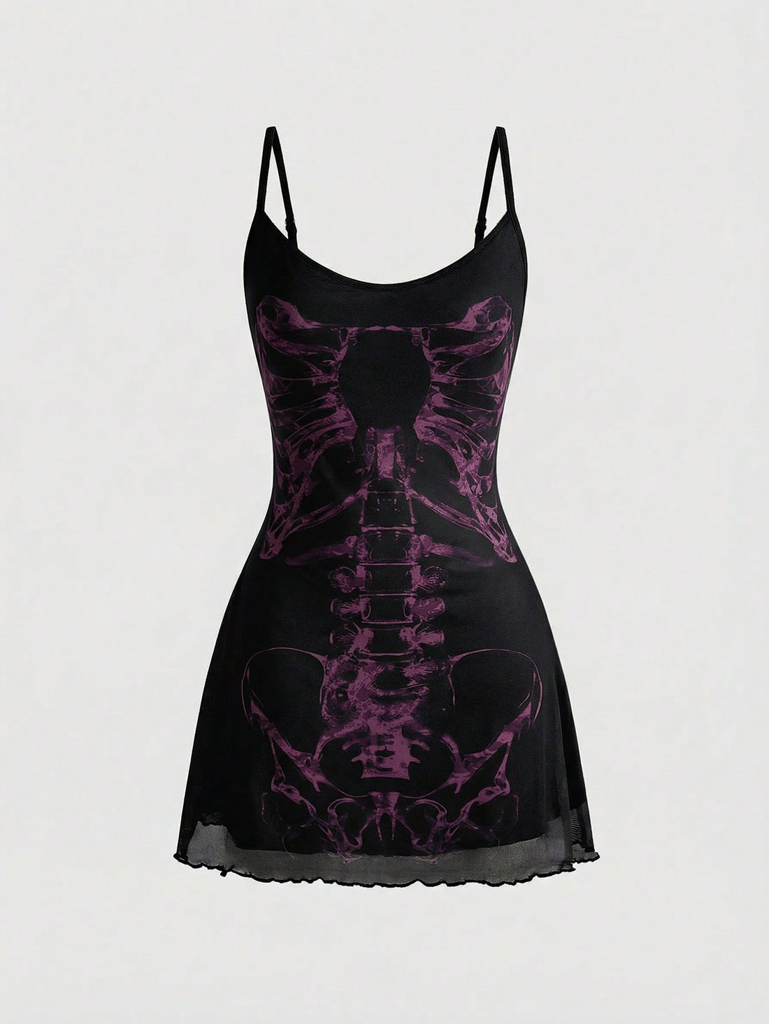 Women's black gothic retro romantic skeleton print sleeveless cami mini dress featuring spaghetti straps, ruched detailing, and a lettuce trim pencil hem.