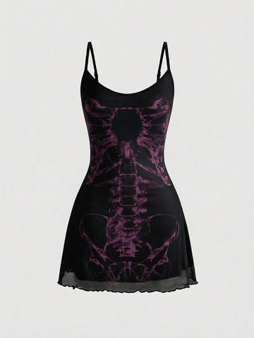 Women's black gothic retro romantic skeleton print sleeveless cami mini dress featuring spaghetti straps, ruched detailing, and a lettuce trim pencil hem.