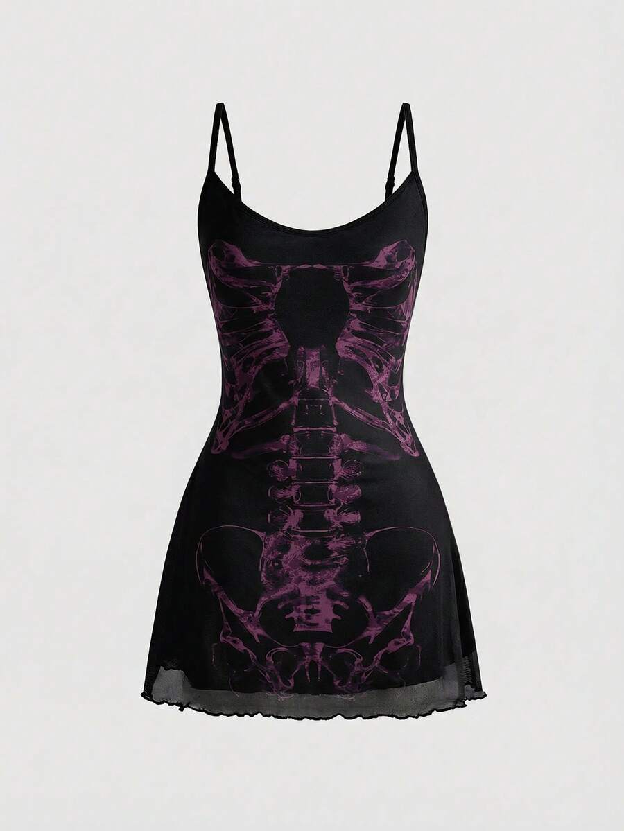 Women's black gothic retro romantic skeleton print sleeveless cami mini dress featuring spaghetti straps, ruched detailing, and a lettuce trim pencil hem.