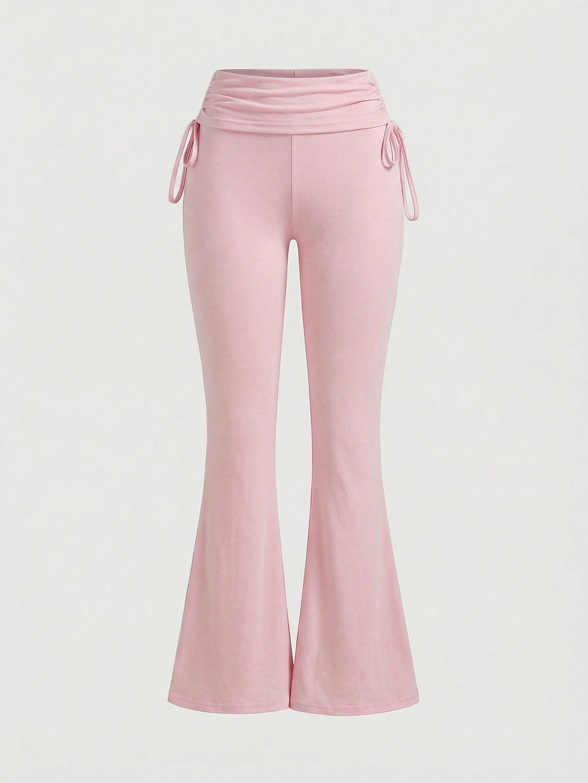 Women's low waist flare leg pants featuring an elastic drawstring waistband and ruched detail in knitted fabric.