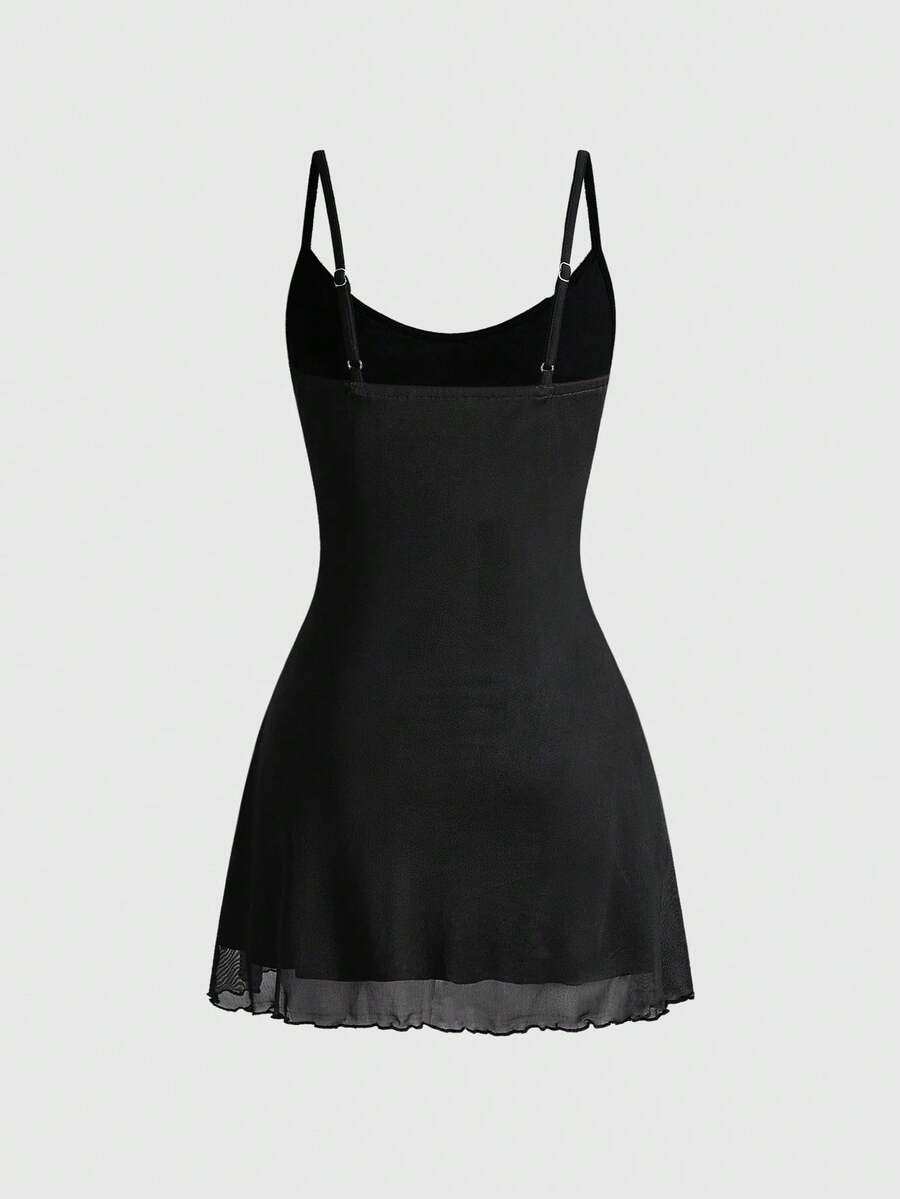 Women's black gothic retro romantic skeleton print sleeveless cami mini dress featuring spaghetti straps, ruched detailing, and a lettuce trim pencil hem.