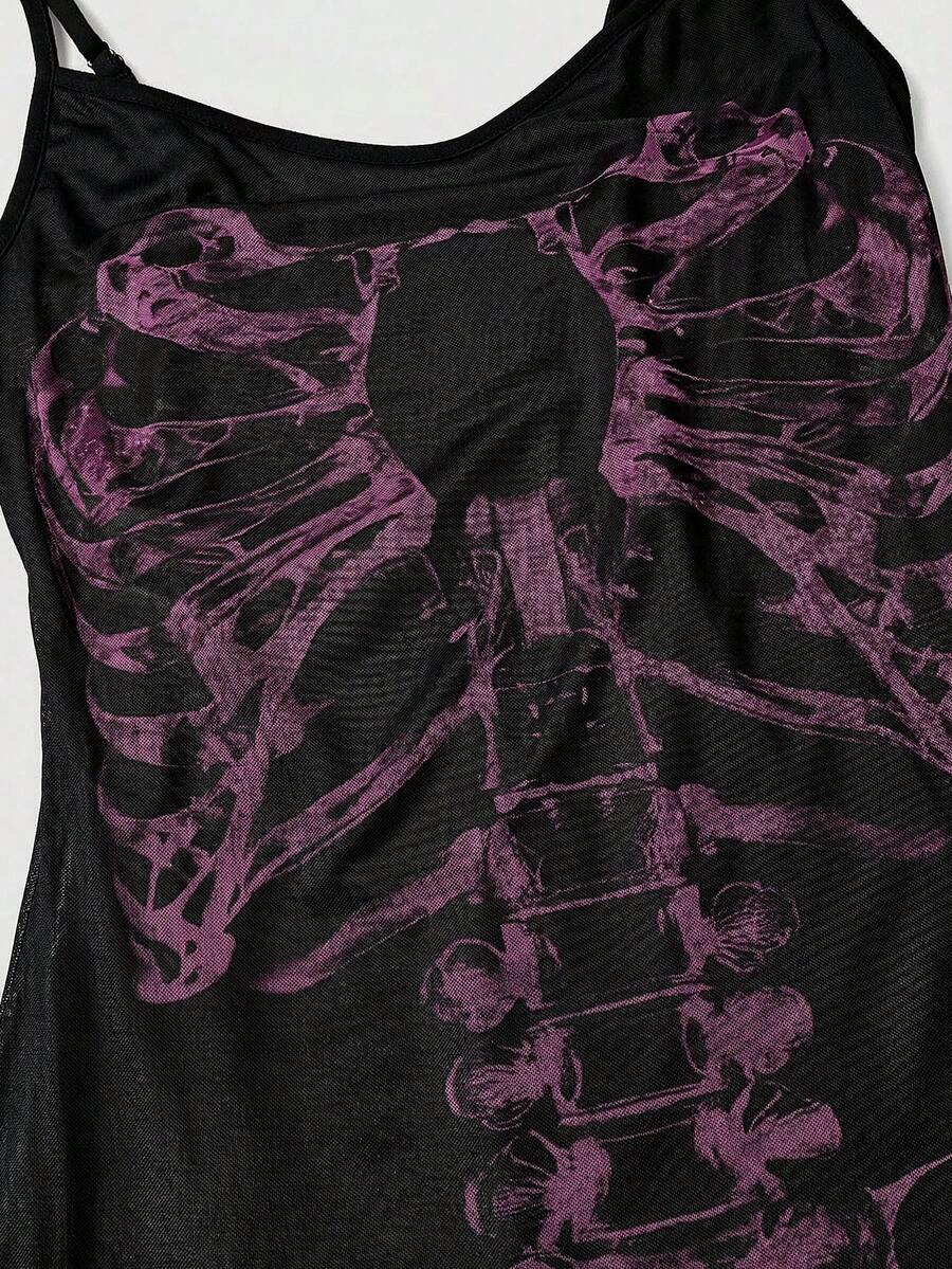 Women's black gothic retro romantic skeleton print sleeveless cami mini dress featuring spaghetti straps, ruched detailing, and a lettuce trim pencil hem.