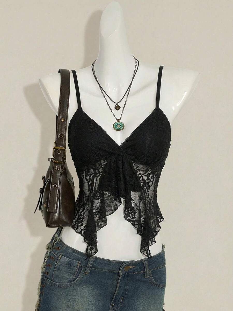 Attitoon women's Y2K style slim fit camisole top featuring contrast lace trim, spaghetti straps, plant print design, and an asymmetrical hem.