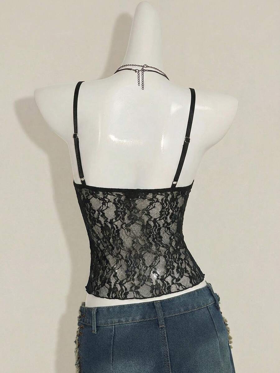 Attitoon women's Y2K style slim fit camisole top featuring contrast lace trim, spaghetti straps, plant print design, and an asymmetrical hem.