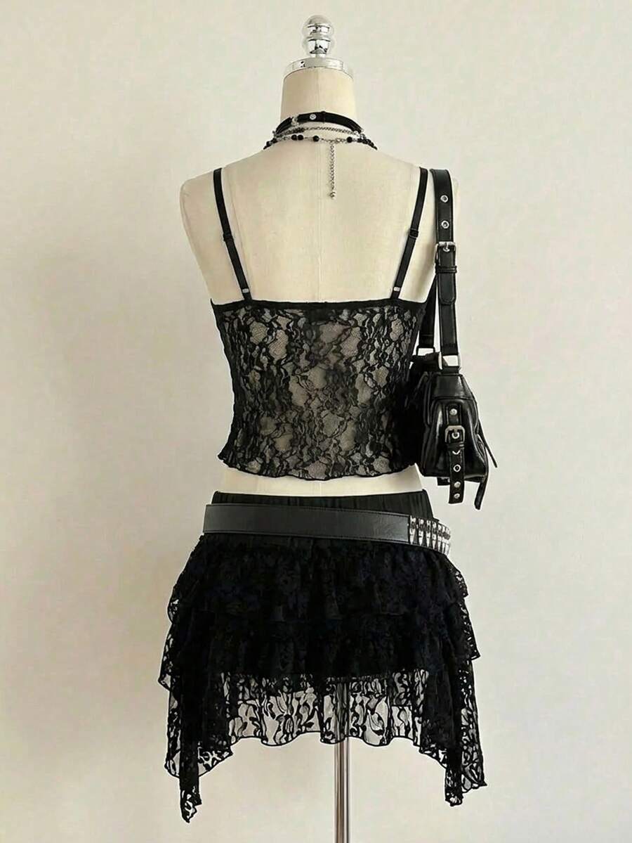 Attitoon women's Y2K style slim fit camisole top featuring contrast lace trim, spaghetti straps, plant print design, and an asymmetrical hem.