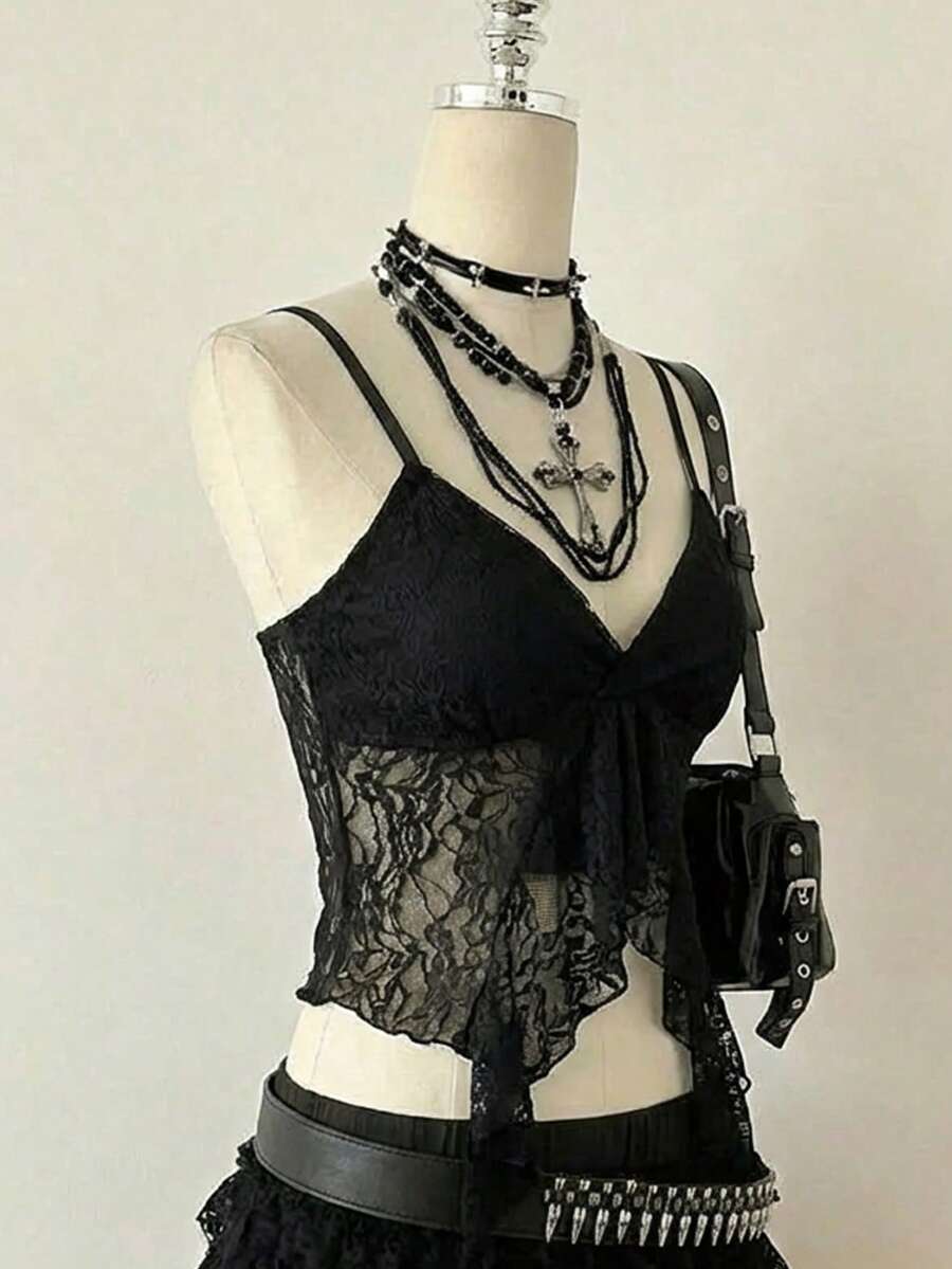Attitoon women's Y2K style slim fit camisole top featuring contrast lace trim, spaghetti straps, plant print design, and an asymmetrical hem.