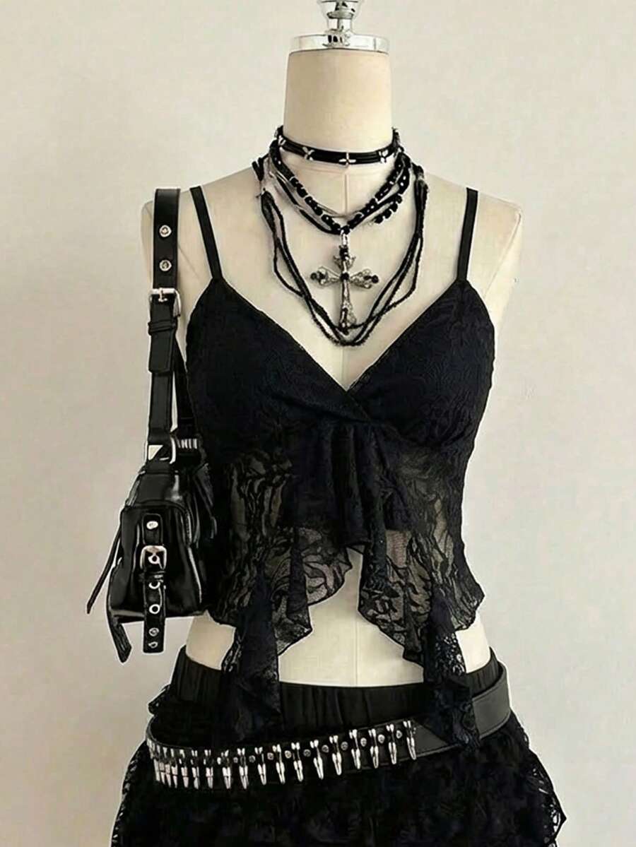 Attitoon women's Y2K style slim fit camisole top featuring contrast lace trim, spaghetti straps, plant print design, and an asymmetrical hem.