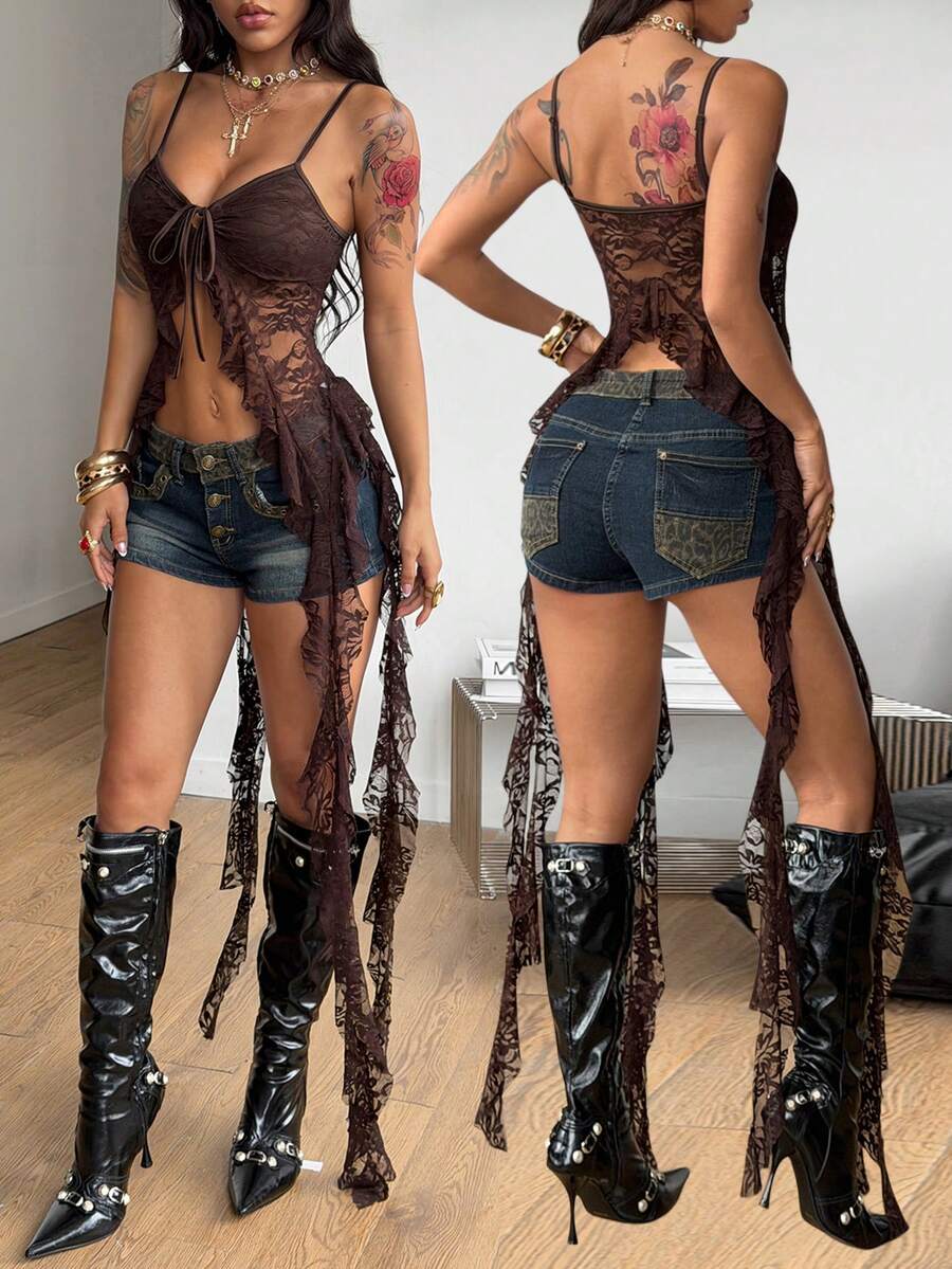 Women's slim fit floral lace spaghetti strap top with asymmetrical hem and lace up details