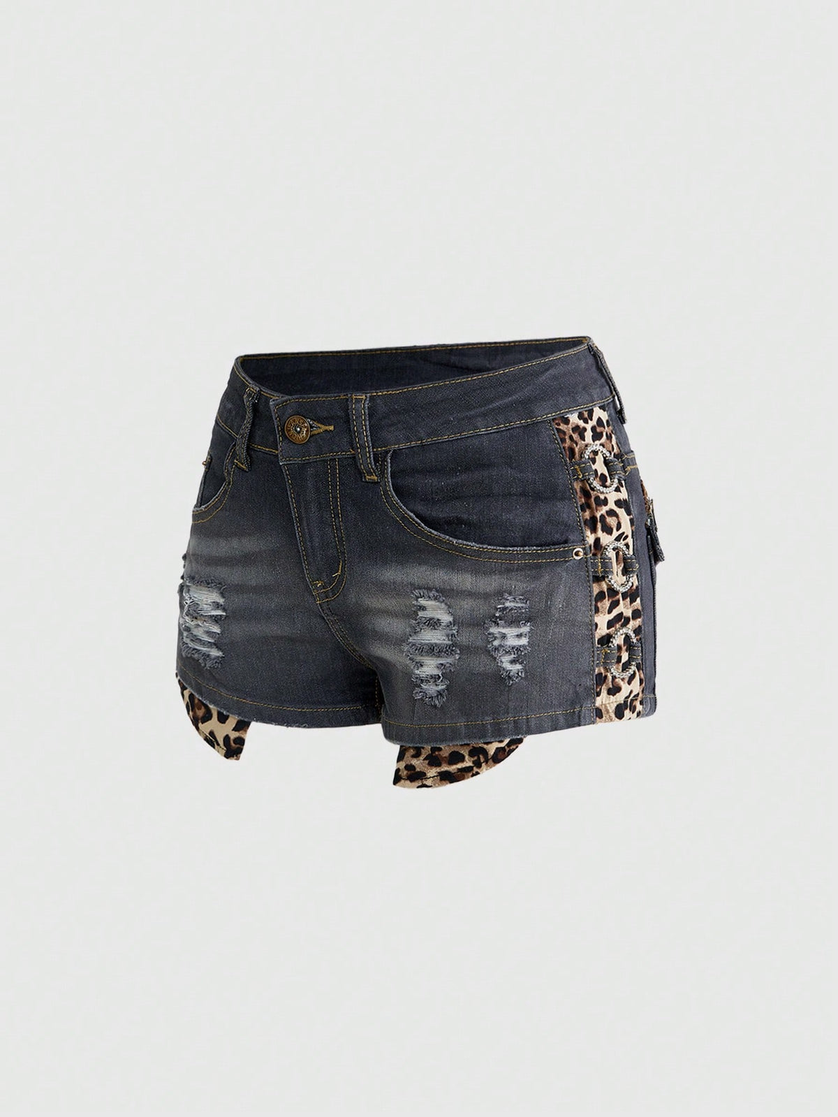 Women's ultra low waist vintage Y2K leopard print skinny mini shorts featuring ripped details, button, and zipper fly.