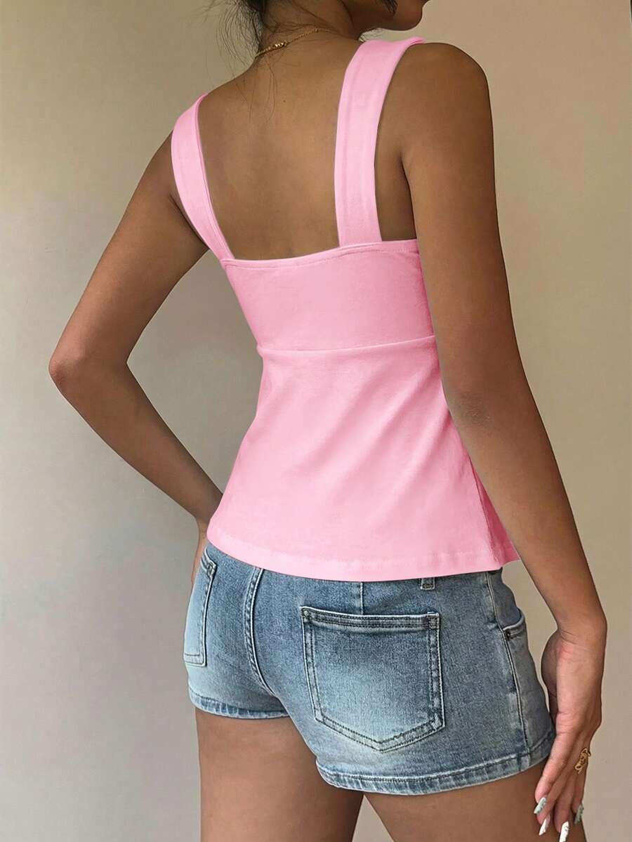 Women's white wide strap tank top with drawstring front, eyelet embroidery, ruffle hem, slim fit, and flared hem.