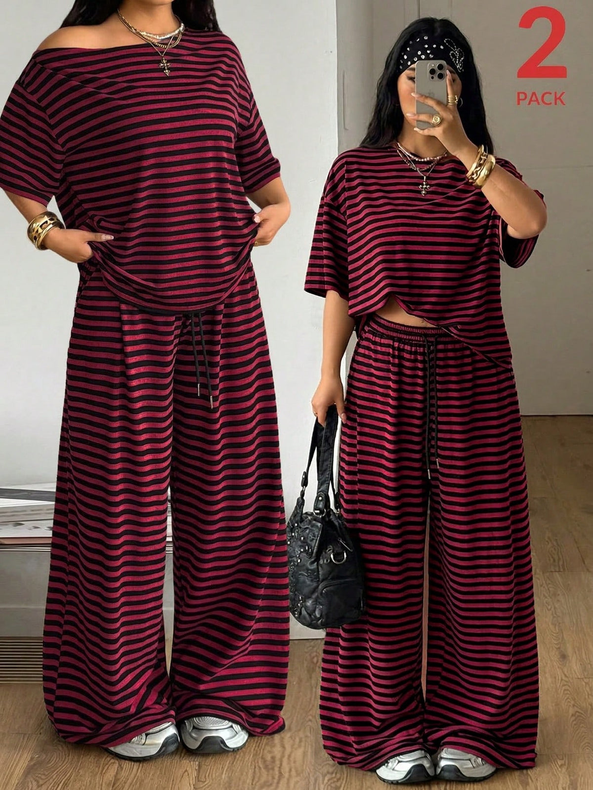 Women's casual two-piece outfit featuring a loose short-sleeve asymmetrical neck t-shirt and matching long wide leg pants with pockets.