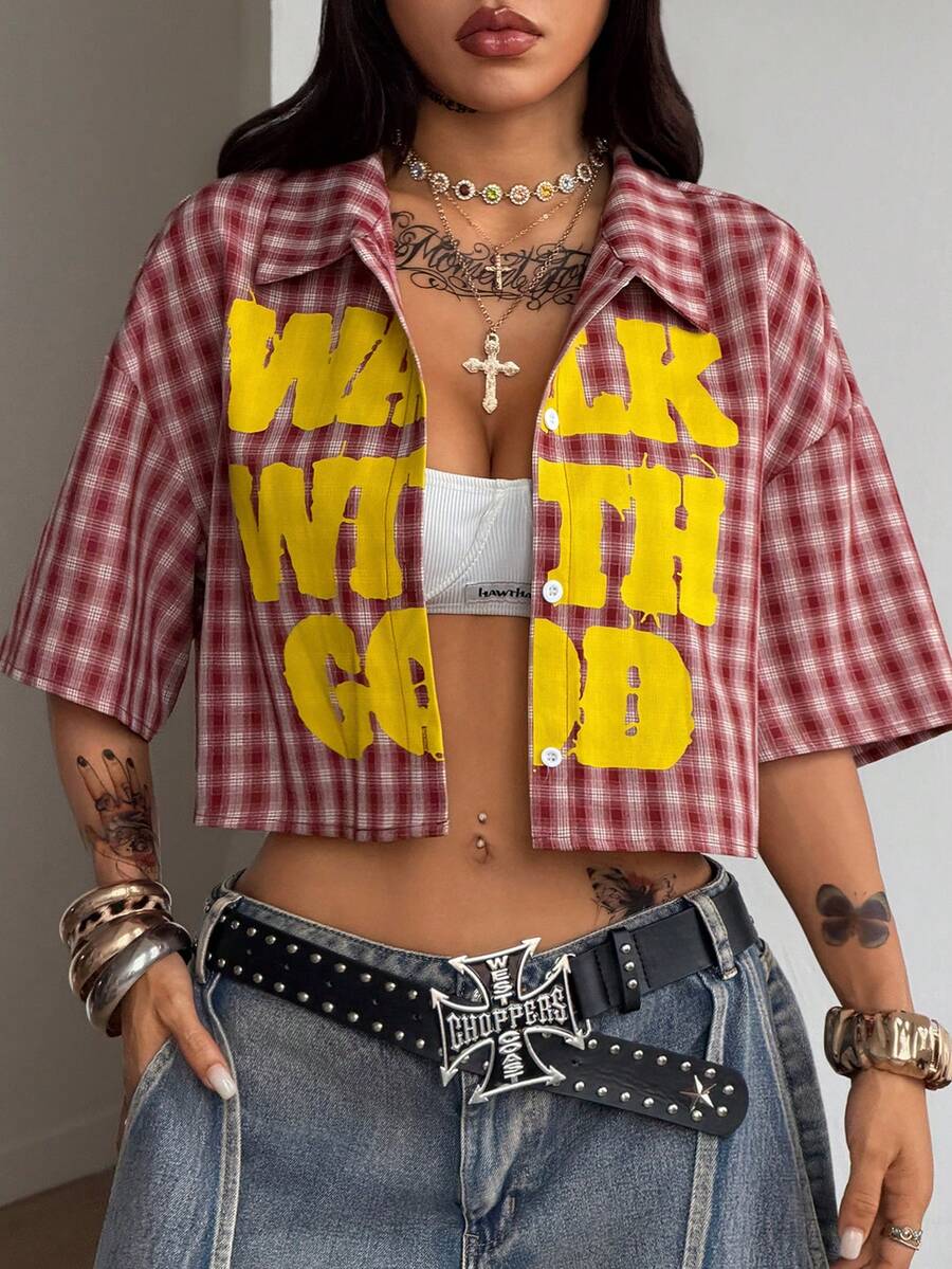 Women's plaid crop shirt with button front, chest pocket, short sleeves, and loose casual fit.