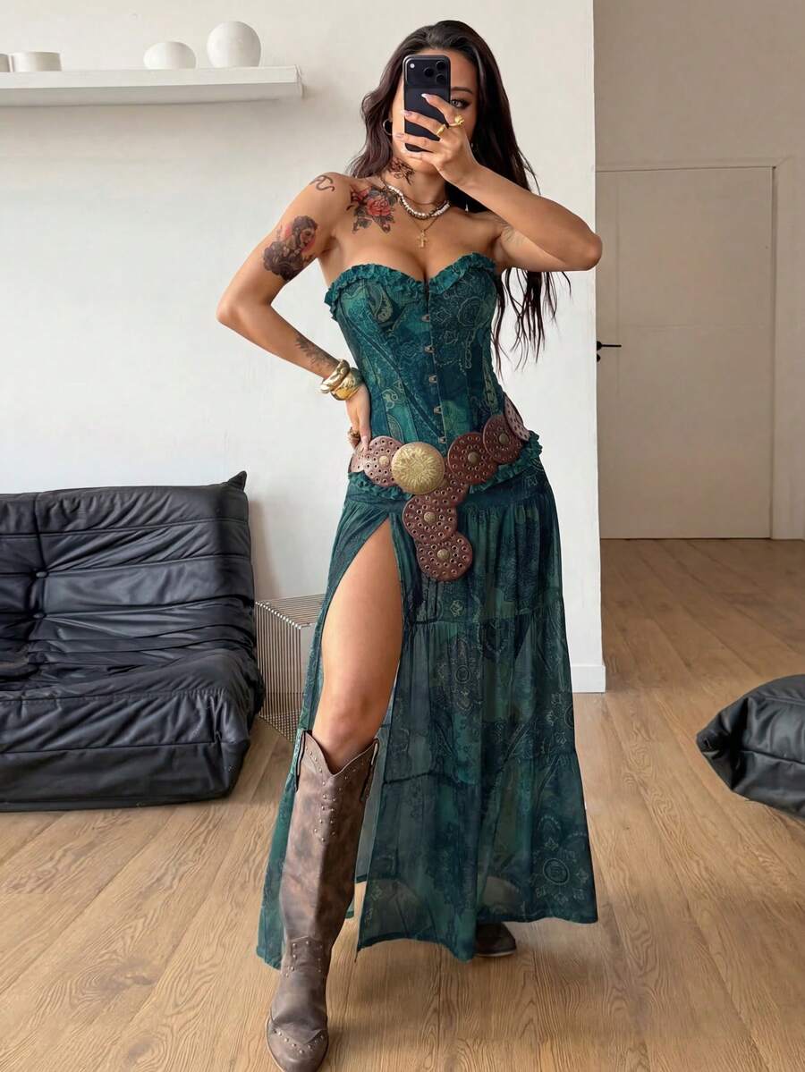 Women's low rise flared long skirt featuring an all-over print, split thigh accent, and textured semi-sheer fabric.