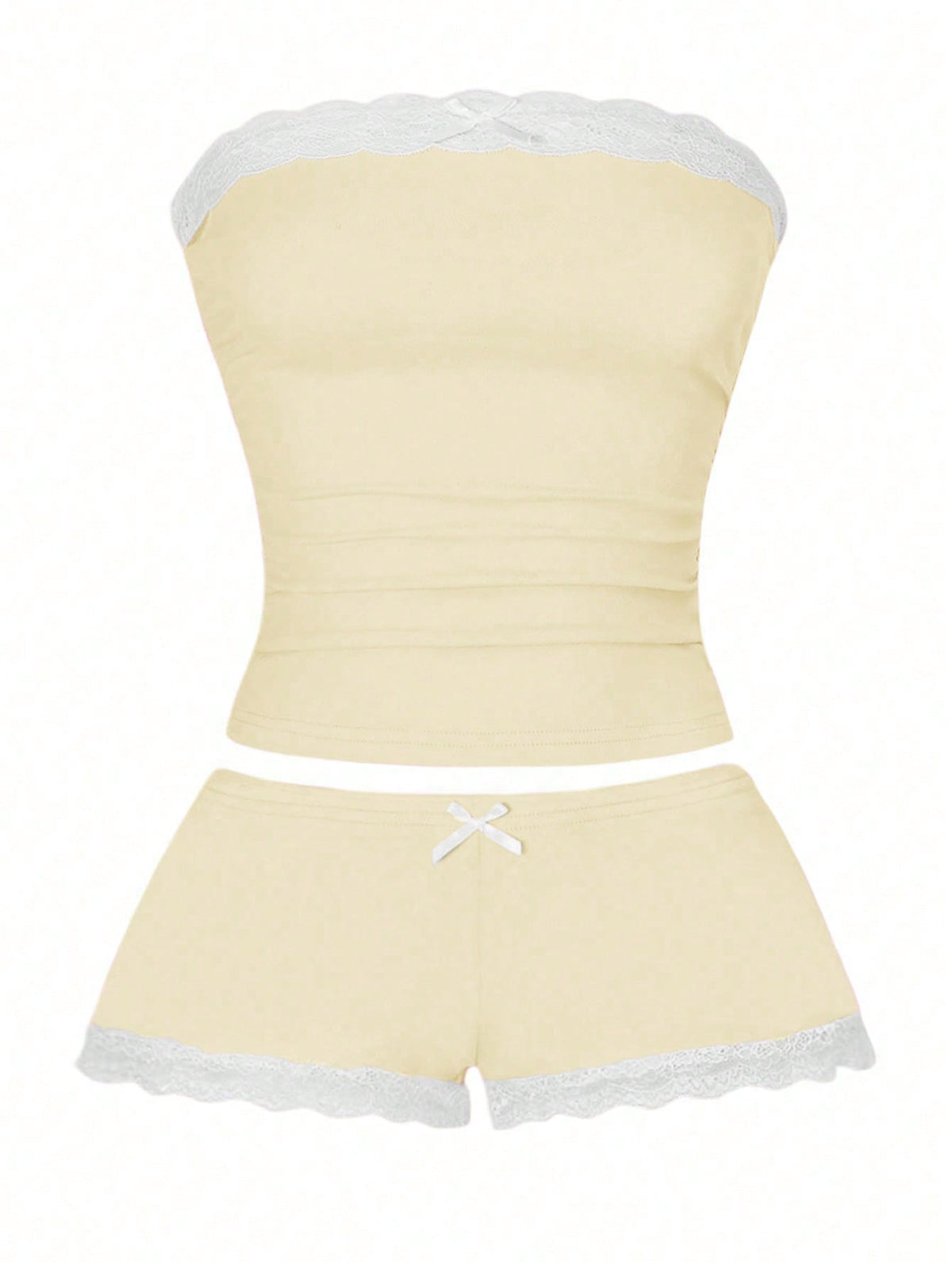Women's contrast lace strapless camisole and shorts two-piece outfit with ruffle detail and slim fit styling