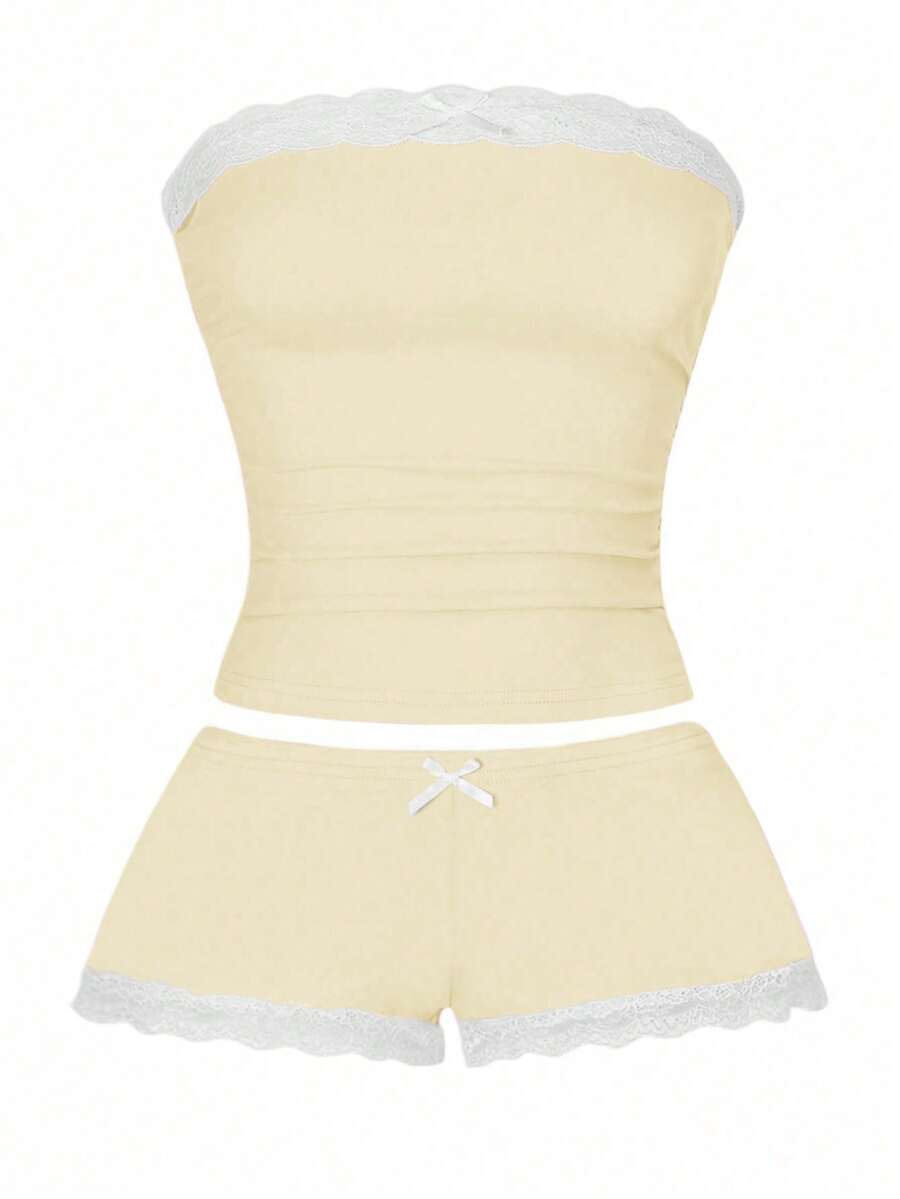 Women's contrast lace strapless camisole and shorts two-piece outfit with ruffle detail and slim fit styling