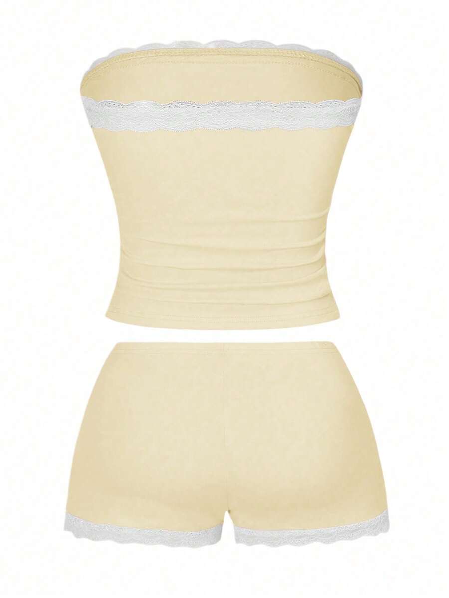 Women's contrast lace strapless camisole and shorts two-piece outfit with ruffle detail and slim fit styling