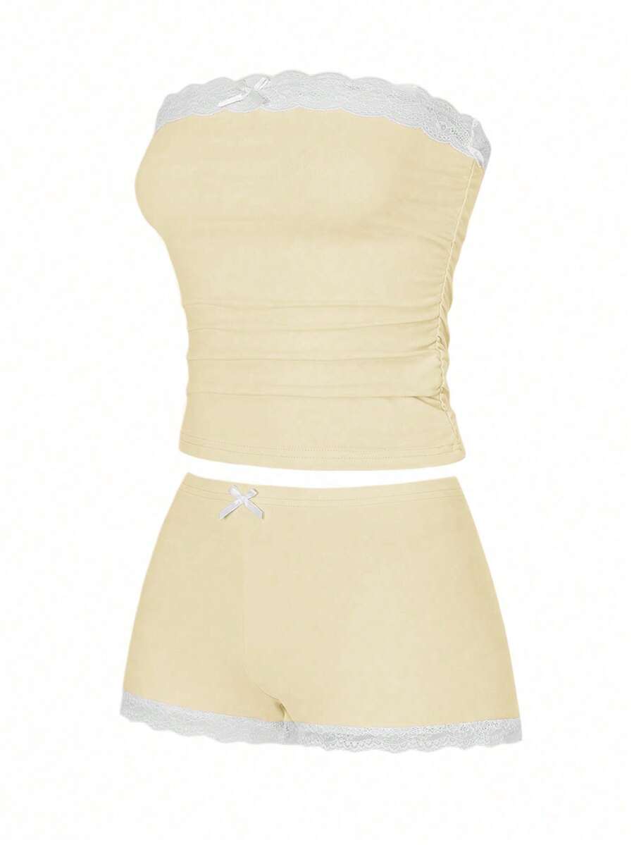 Women's contrast lace strapless camisole and shorts two-piece outfit with ruffle detail and slim fit styling