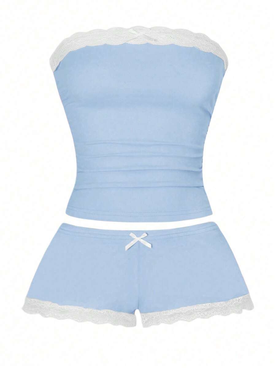 Women's contrast lace strapless camisole and shorts two-piece outfit with ruffle detail and slim fit styling