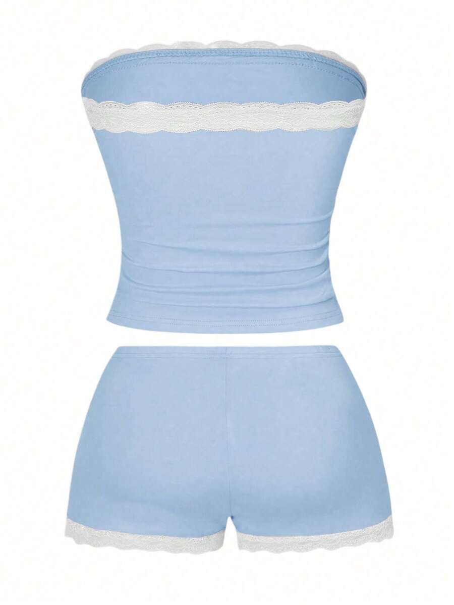Women's contrast lace strapless camisole and shorts two-piece outfit with ruffle detail and slim fit styling