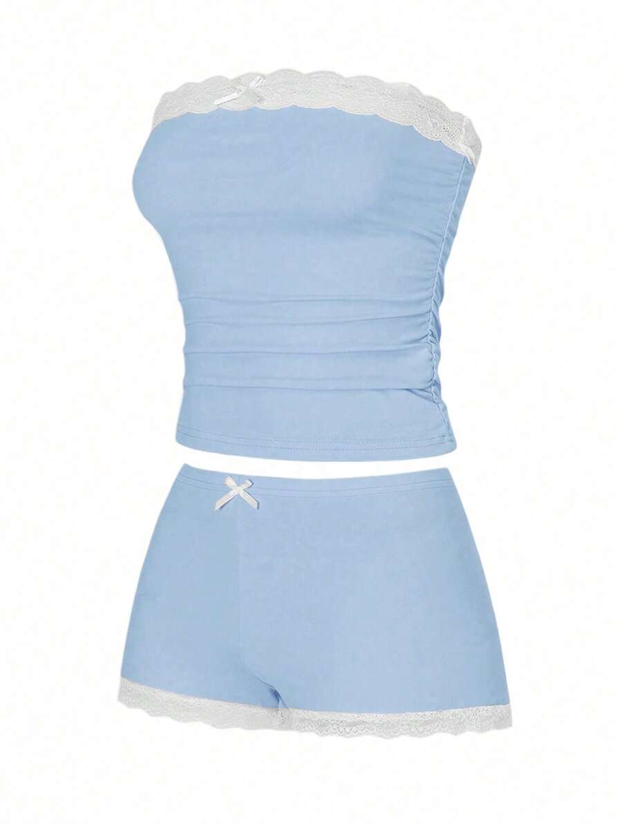 Women's contrast lace strapless camisole and shorts two-piece outfit with ruffle detail and slim fit styling