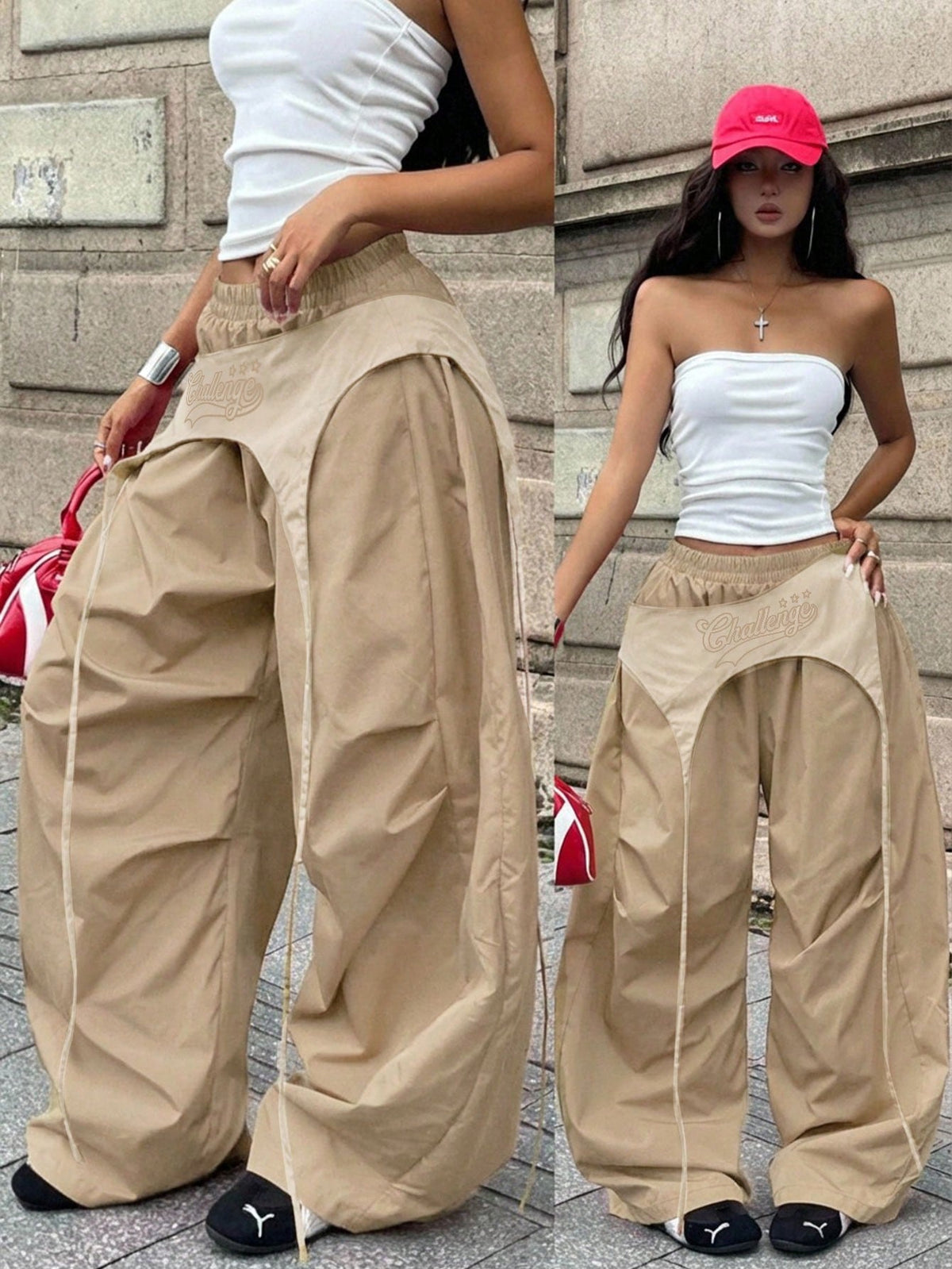 Women's casual wide leg long pants featuring an elastic drawstring waistband and loose fit silhouette.