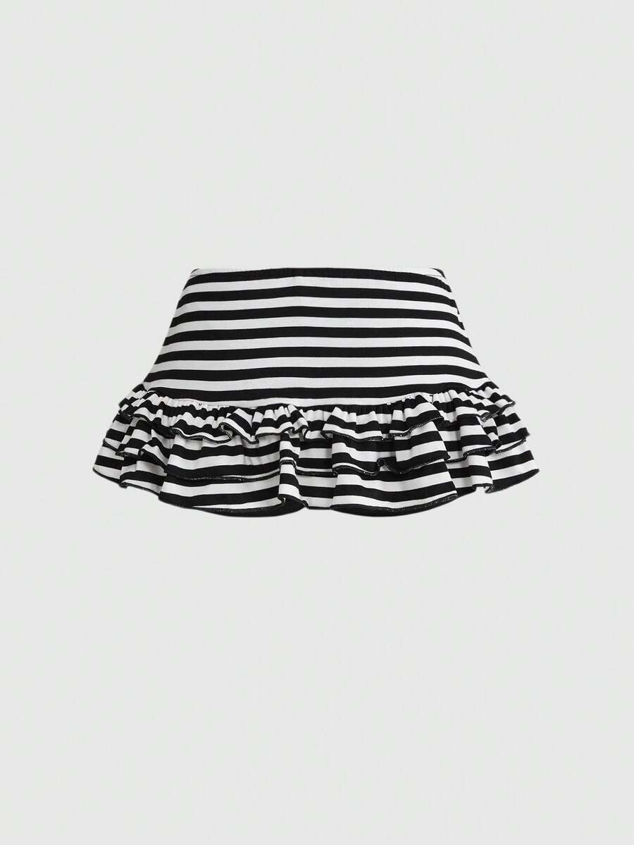 Women's black low-waist mini skirt with drawstring tie, ruched details, lace trim, layered ruffle hem, and asymmetric styling