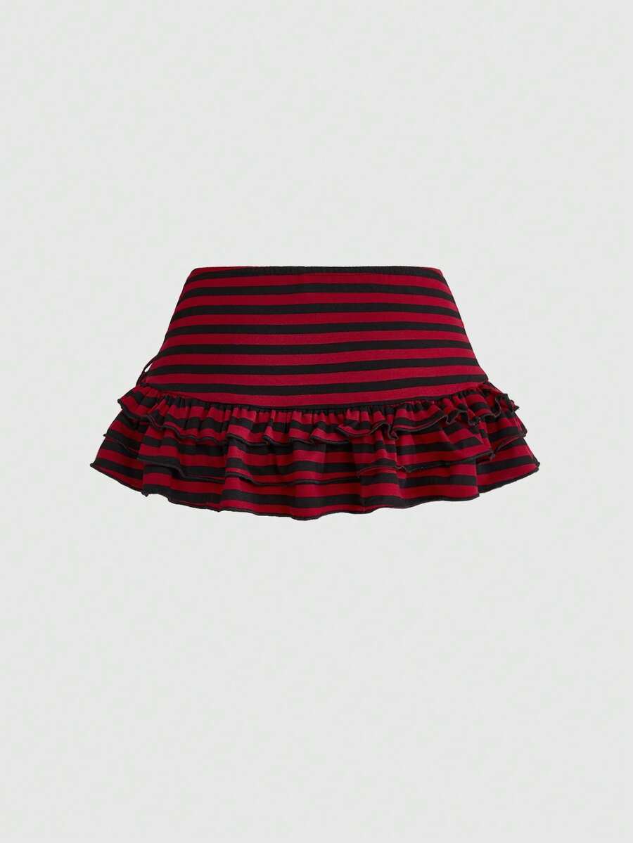 Women's black low-waist mini skirt with drawstring tie, ruched details, lace trim, layered ruffle hem, and asymmetric styling
