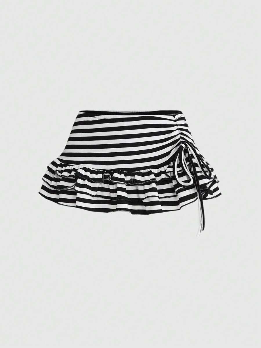 Women's black low-waist mini skirt with drawstring tie, ruched details, lace trim, layered ruffle hem, and asymmetric styling
