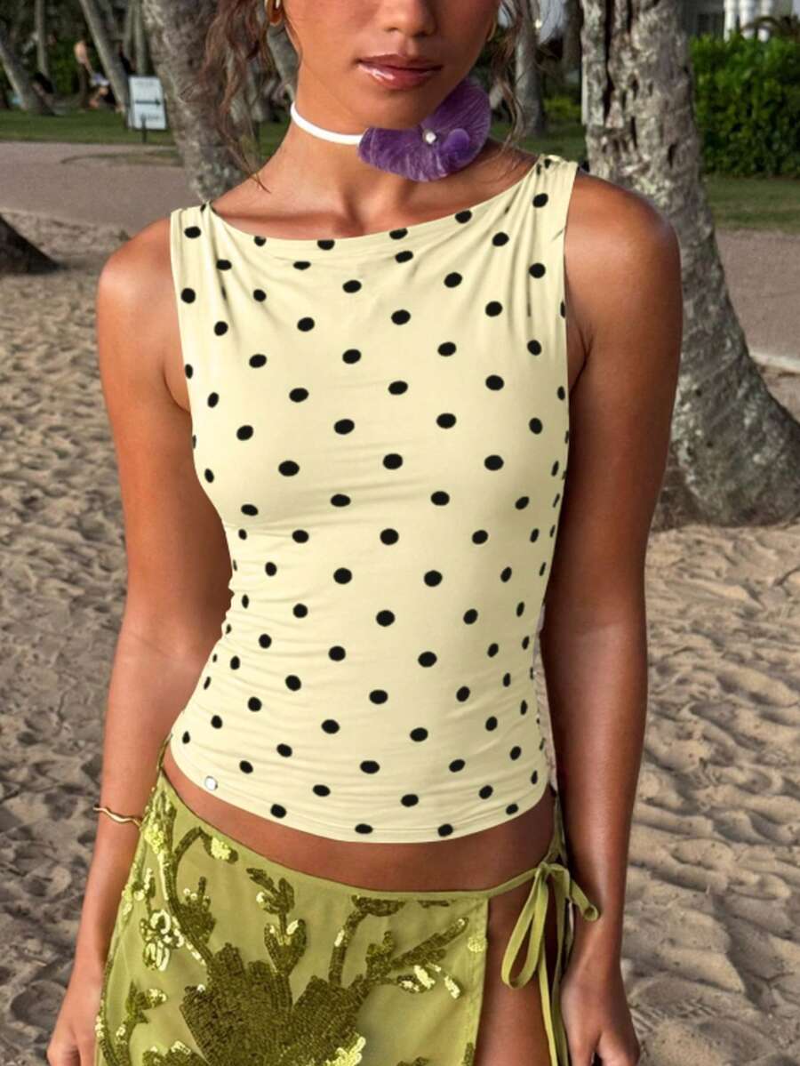 Women's polka dot sleeveless tank top with round neck, ruched rib-knit detail, regular hem, and slim fit casual style
