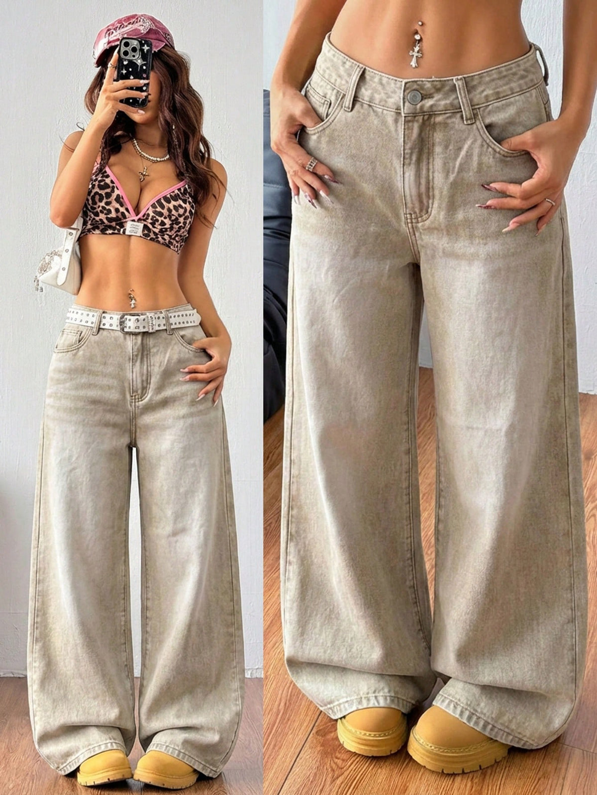 Women's loose wide-leg jeans in light wash denim with low waist and extra-long relaxed fit