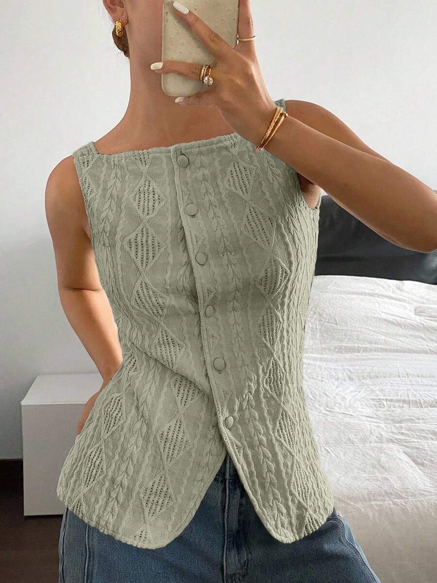 Striped ribbed knit tank top for women featuring a button-down front, sleeveless design, and slim fit silhouette.