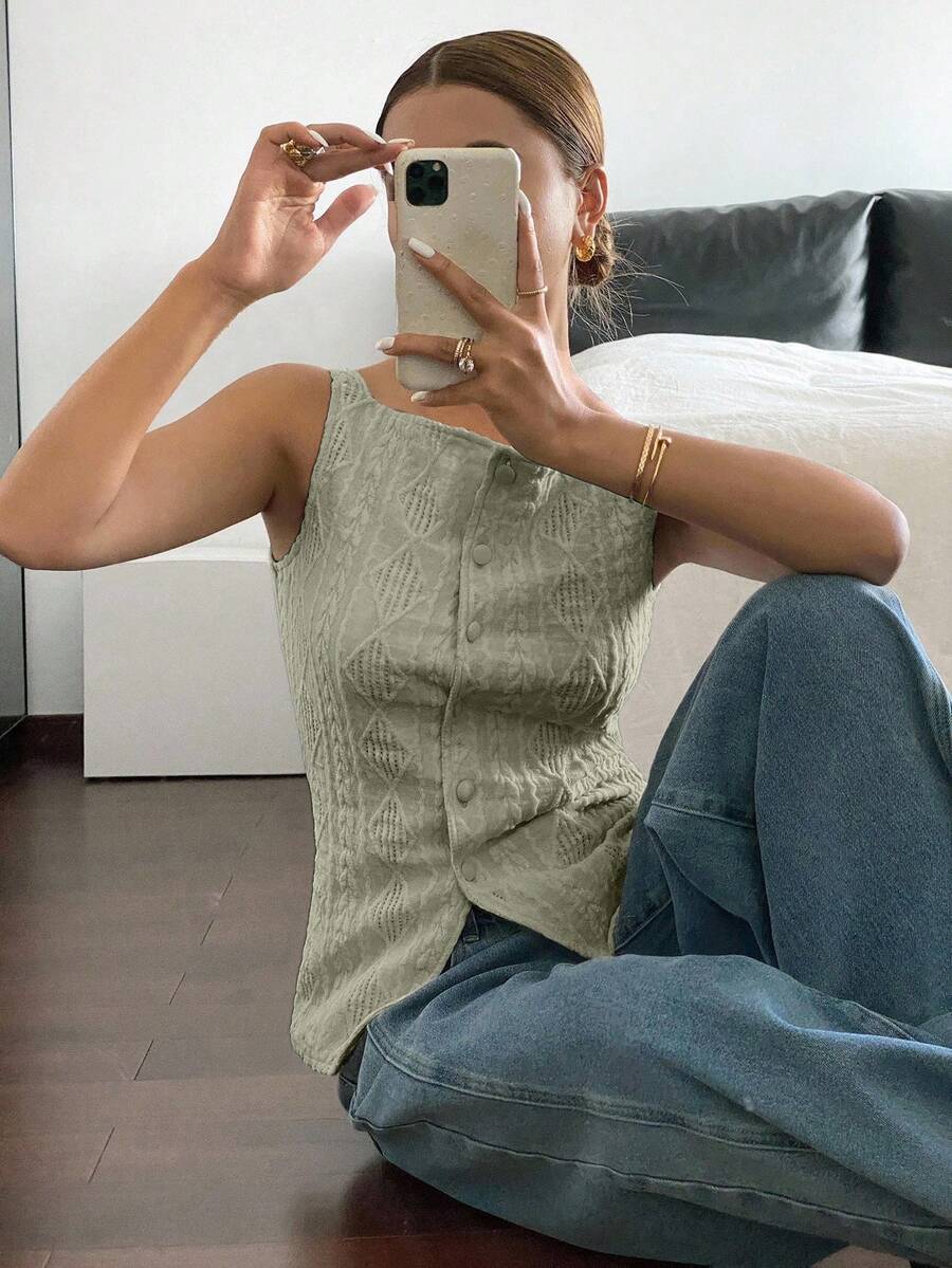 Striped ribbed knit tank top for women featuring a button-down front, sleeveless design, and slim fit silhouette.