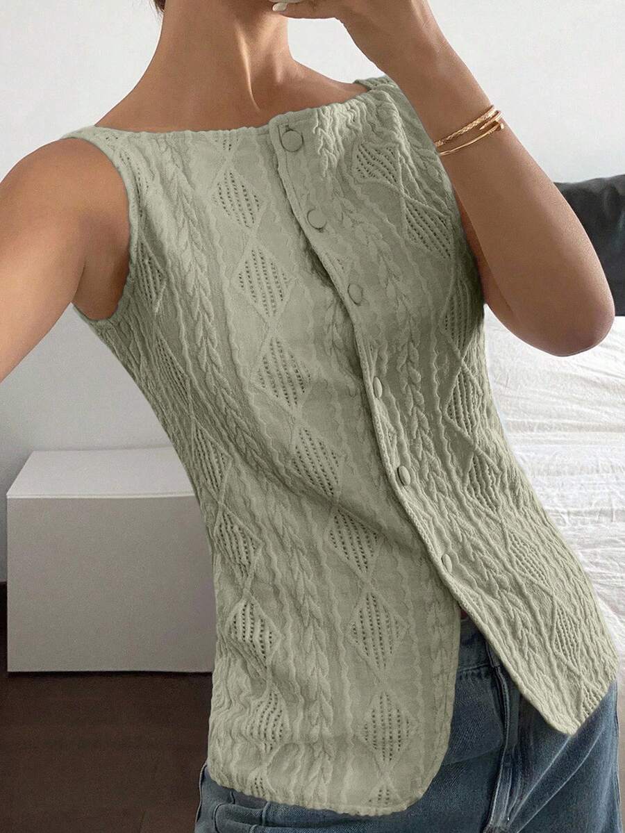 Striped ribbed knit tank top for women featuring a button-down front, sleeveless design, and slim fit silhouette.
