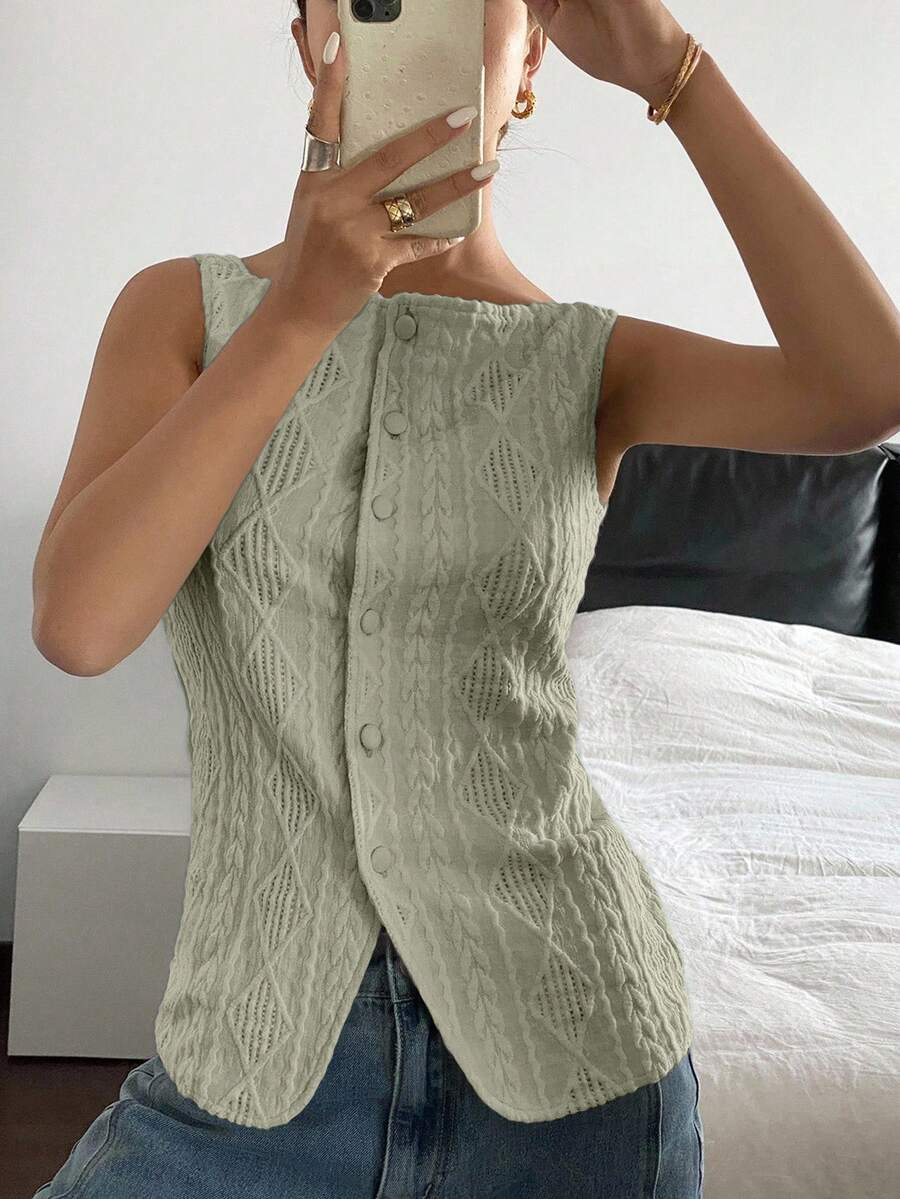 Striped ribbed knit tank top for women featuring a button-down front, sleeveless design, and slim fit silhouette.