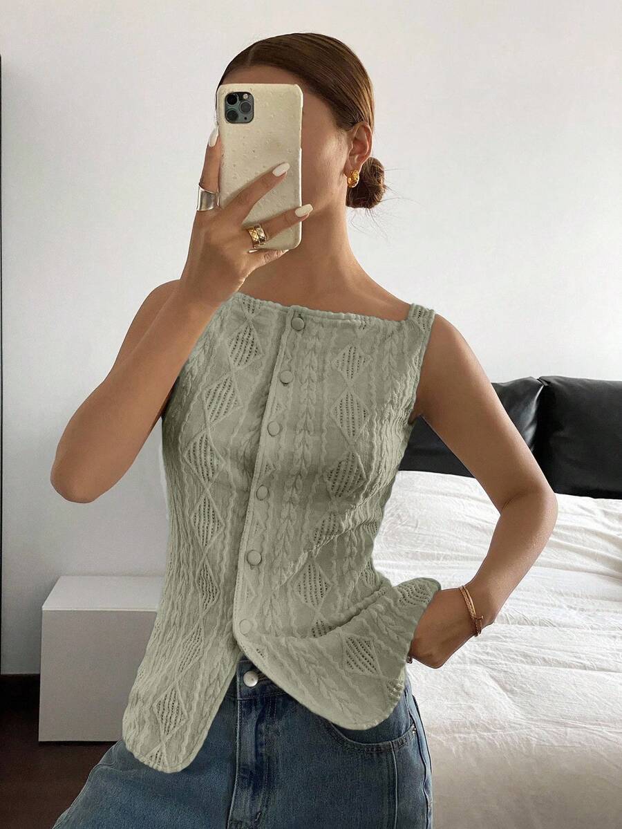 Striped ribbed knit tank top for women featuring a button-down front, sleeveless design, and slim fit silhouette.
