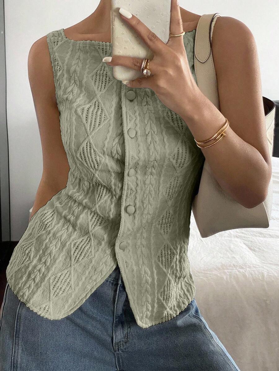 Striped ribbed knit tank top for women featuring a button-down front, sleeveless design, and slim fit silhouette.