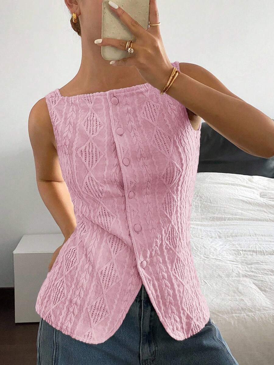 Striped ribbed knit tank top for women featuring a button-down front, sleeveless design, and slim fit silhouette.