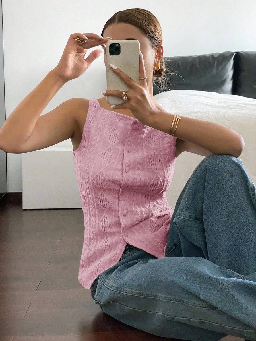 Striped ribbed knit tank top for women featuring a button-down front, sleeveless design, and slim fit silhouette.