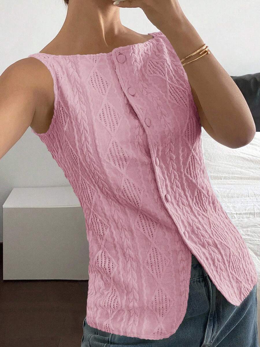 Striped ribbed knit tank top for women featuring a button-down front, sleeveless design, and slim fit silhouette.