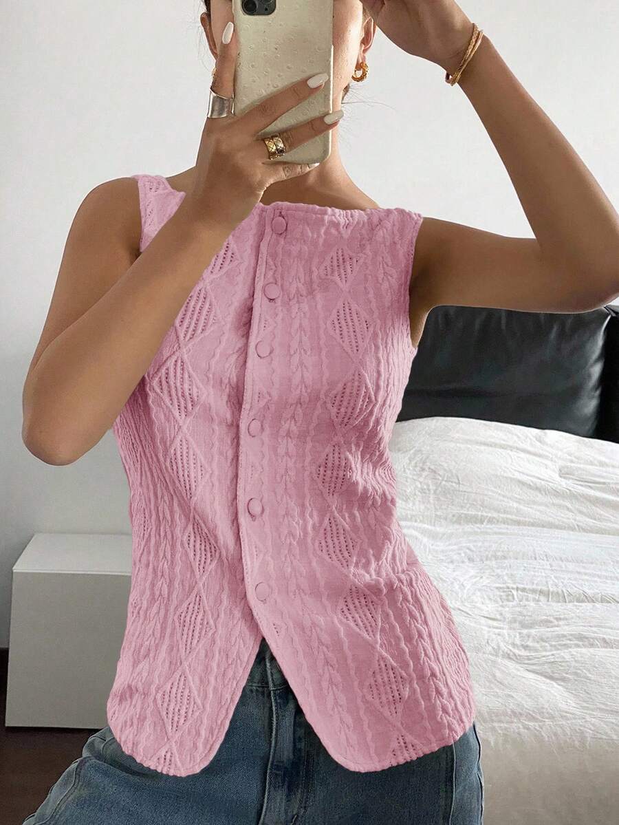 Striped ribbed knit tank top for women featuring a button-down front, sleeveless design, and slim fit silhouette.