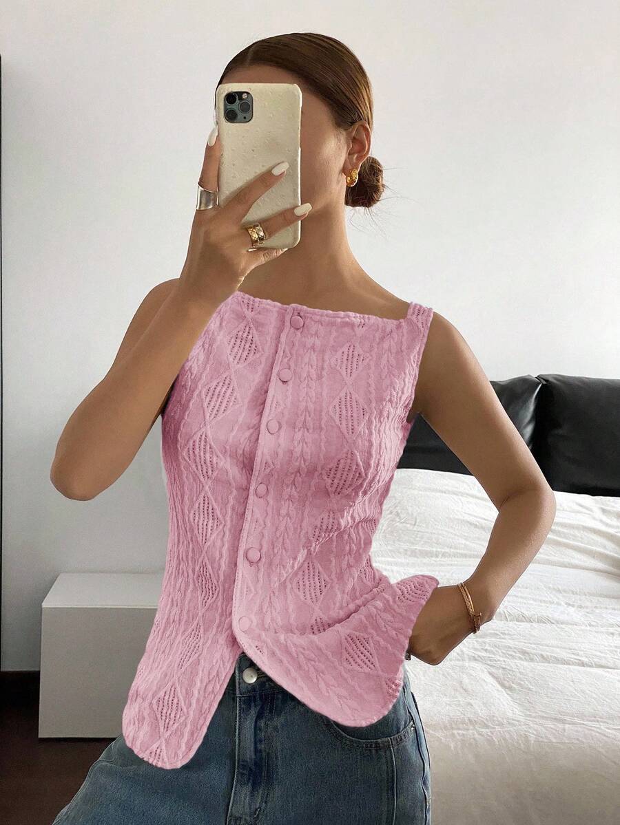 Striped ribbed knit tank top for women featuring a button-down front, sleeveless design, and slim fit silhouette.